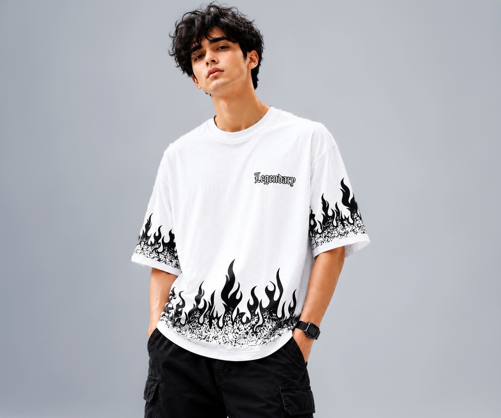 Men's Oversized White Flame T-Shirt